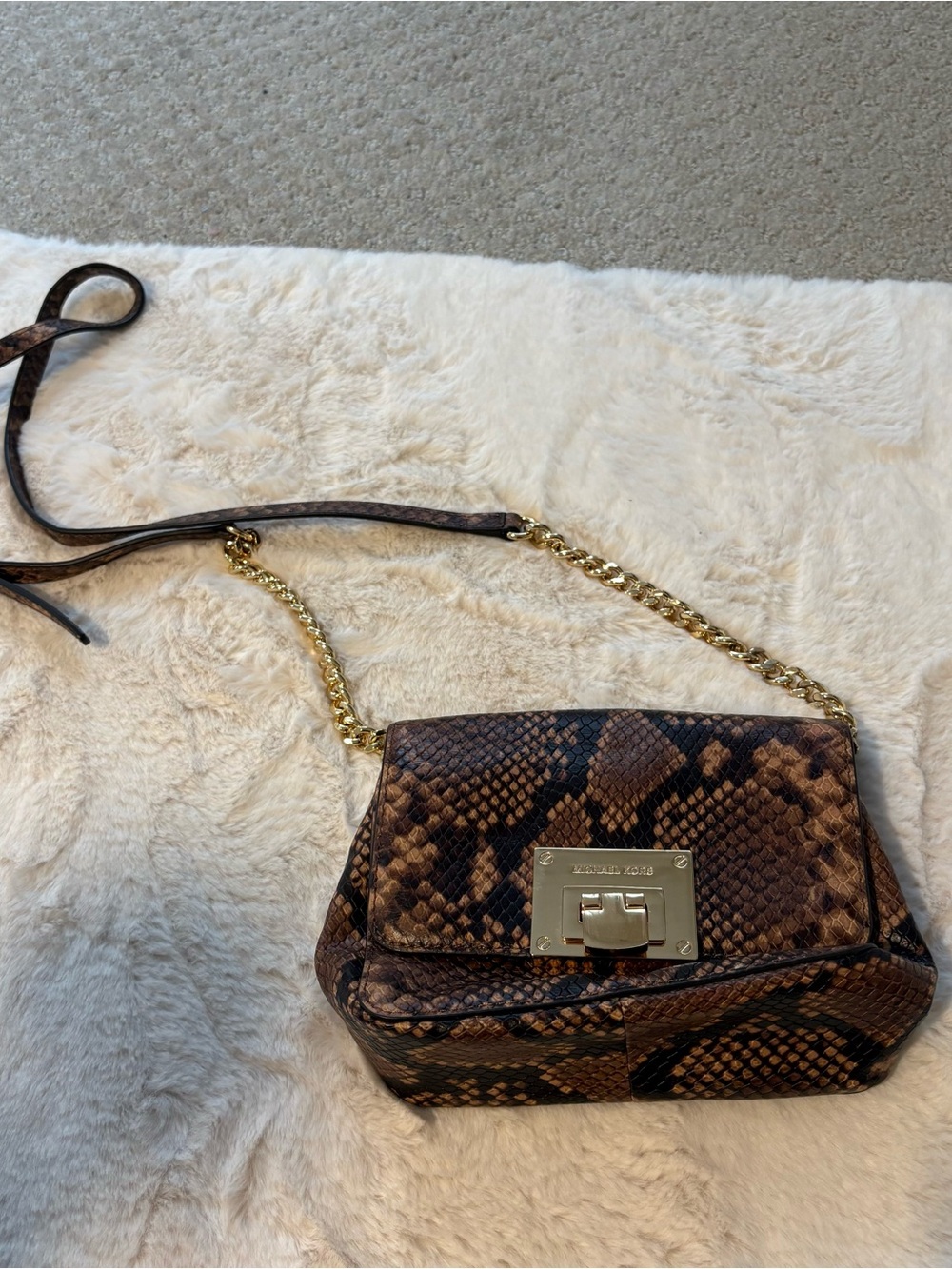 Michael Kors Brown Snake-Print Crossbody Bag with Gold Chain